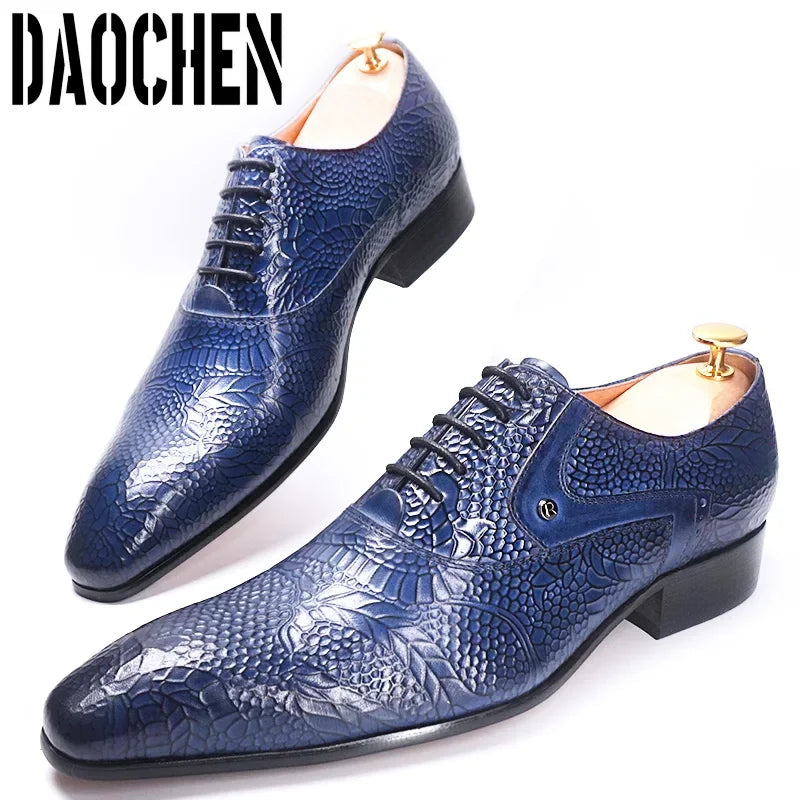 Luxury Brand Men Oxford Shoes Lace-up Pointed Toe Blue Casual Dress Man Shoe Flowers Print Genuine Leather Shoes For Men