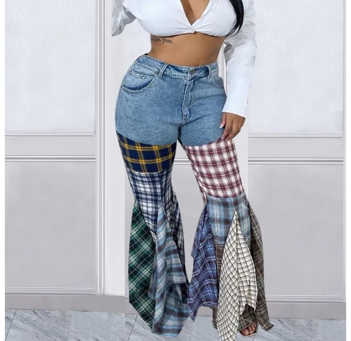 Women Jeans 2024 Summer Fashion Spliced Houndstooth Denim Ruffle Edge Flared High Waist Jeans Pants Female Trousers Streetwear