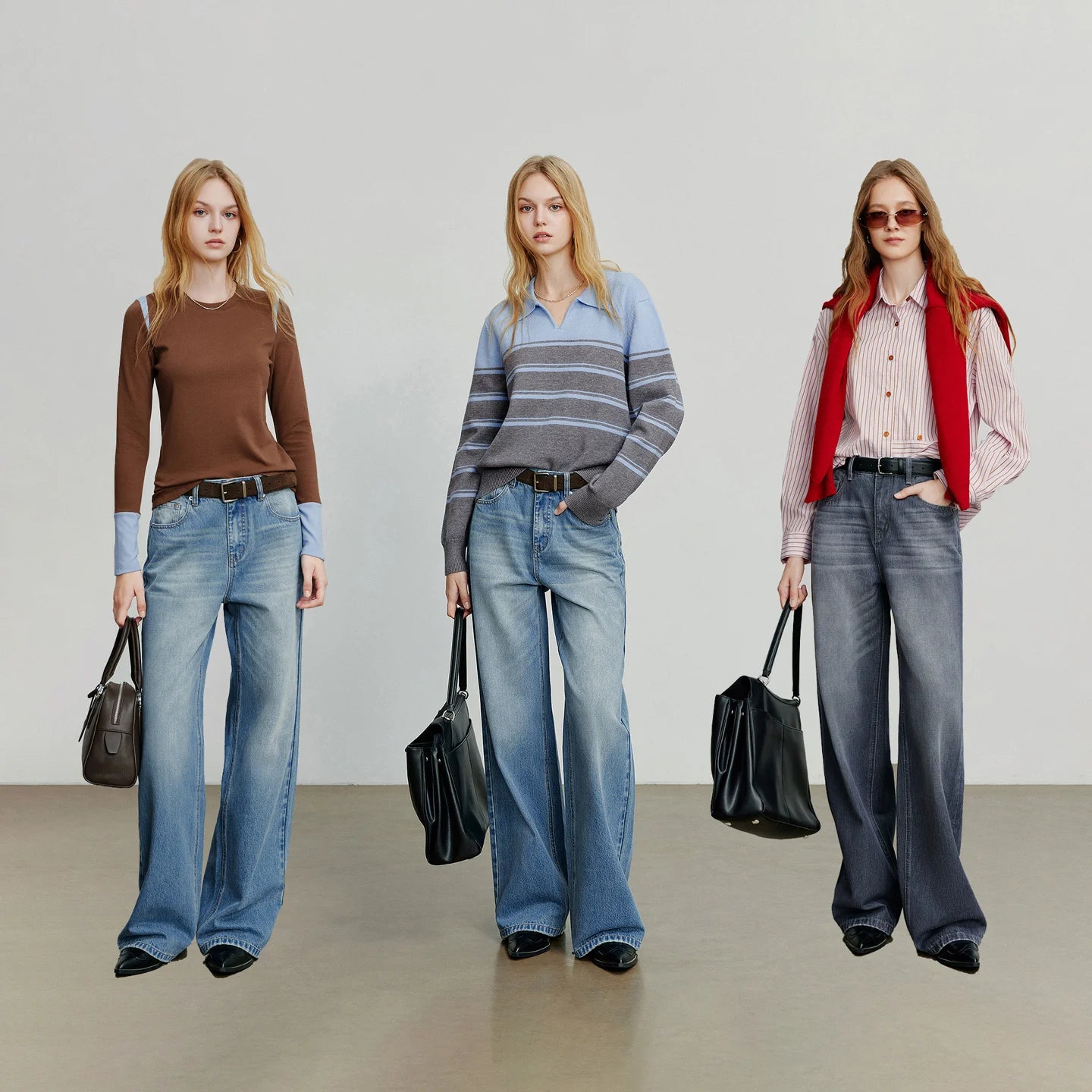 TOYOUTH Women Denim Jeans  Autumn New Cotton High Street Wide Leg Pants Gray