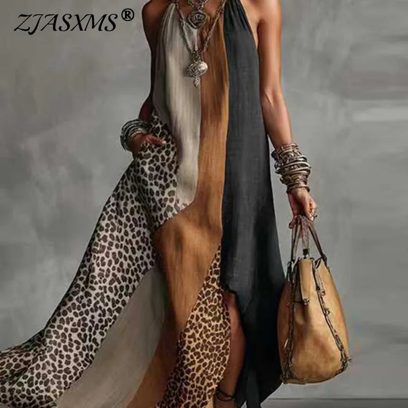 Women Patchwork Animal Print Elegant Party Dresses 2026 Spring Halter Split Hem Long Dress Summer Sleeveless Vacation Maxi Dress