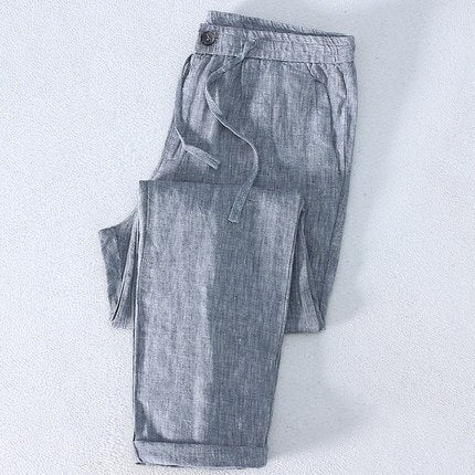 Pure Linen Pants Men Beach Elasticated Waistband Drawstring Chinese Size Thin Casual Trousers Size 36 38