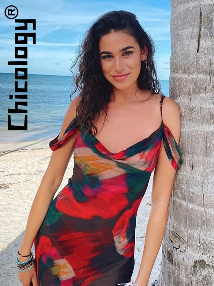 Chicology 2022 Women Chiffon Printed Strap Swinging Collar Maxi Dress Bodycon Sexy Elegant Beach Vacation Festival Hawaii Outfit