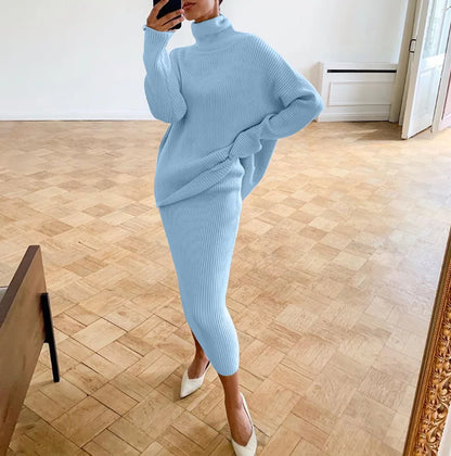 BKQU Knitted Dress Sets Women Loose Turtleneck Sweater Pullover And High Waist Long Skirt Two-Piece Set  Fall Winter Outfits