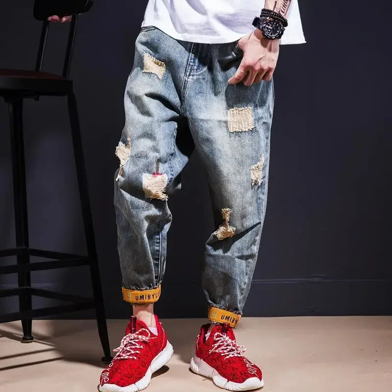 Trousers Broken Ripped Male Cowboy Pants with Holes Jeans for Men Tapered Torn Print Korean Style Plus Size Classic Washed Retro