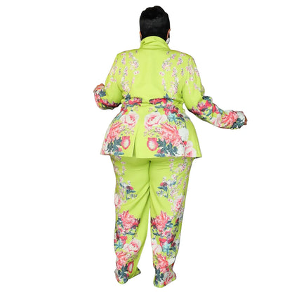 CM.YAYA Plus Size Women's Set Long Sleeve Floral Print Blazer +Wide Leg Pants Suit  Fall Two 2 Piece Set Outfits Tracksuit