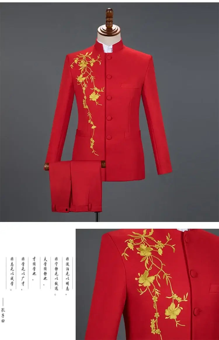 Neuer Herren Stehkragen Bestickter Anzug 2-teilig Schwarz / Weiß / Rot Mode Herren Bühne Party Perform Blazer und Hose