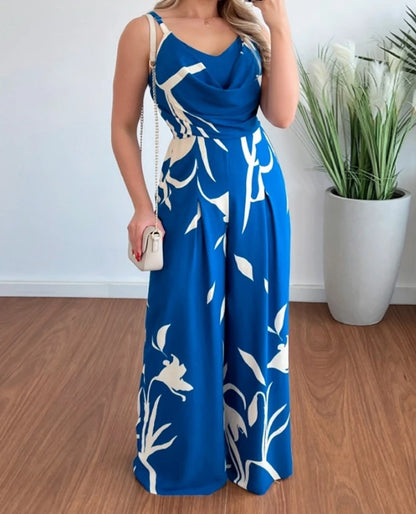 Summer New Fashion Casual Woman Long Jumpsuits Elegant Sexy Tropical Print Sleeveless Wide Leg Jumpsuit