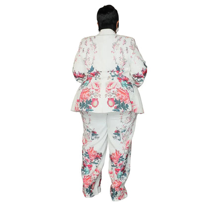 CM.YAYA Plus Size Women's Set Long Sleeve Floral Print Blazer +Wide Leg Pants Suit  Fall Two 2 Piece Set Outfits Tracksuit