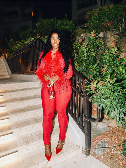 CM.YAYA Fashion Mesh See Though Women's Set Feather Side Long Sleeve Crop Top and Legging Pants  Sexy Two 2Piece Sets Outfit