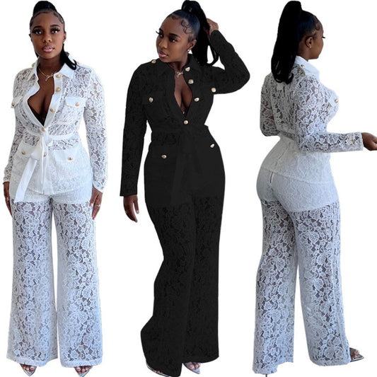 Lace See Though Two 2 Piece Set for Women 2022 Summer Sexy Night Party Elegant Tracksuit Wide Leg Pants Matching Set