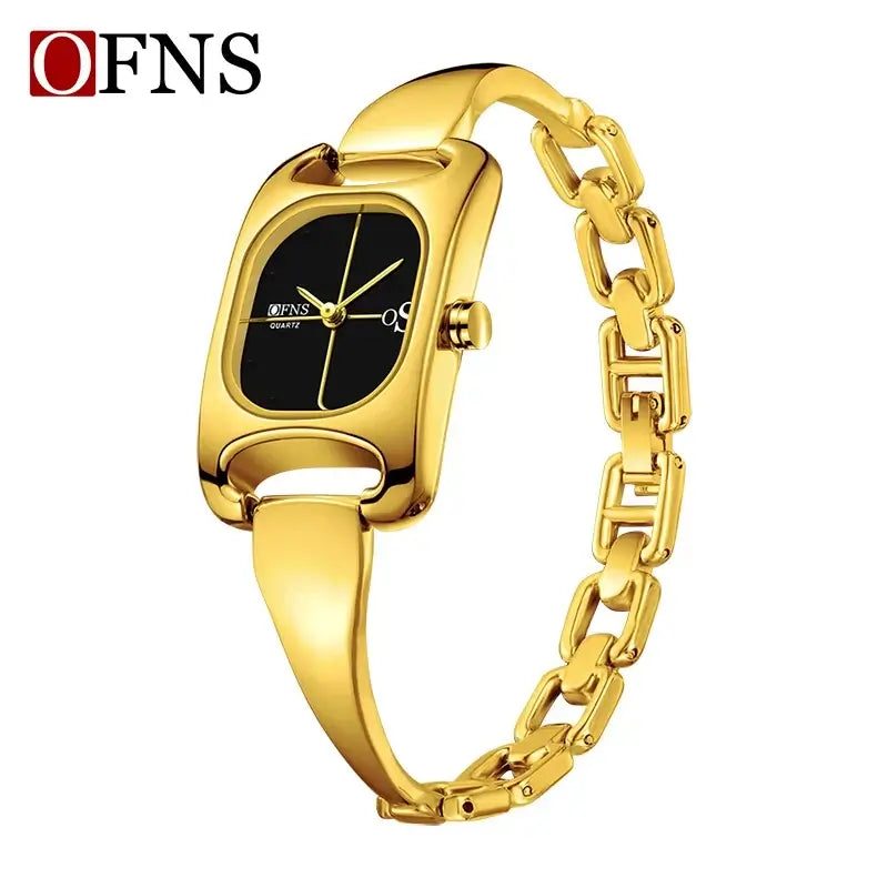 OFNS 5518 New women's watch high-end alloy niche ladies' square watch 3D studded waterproof quartz watch gold and black design.