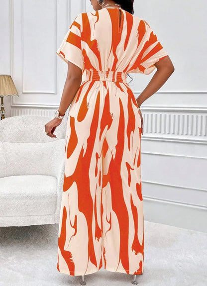 Women Wide Leg Jumpsuit Spring Summer Fashion V Neck Short Sleeve High Waist Full Body Printed Jumpsuits Casual One Pieces