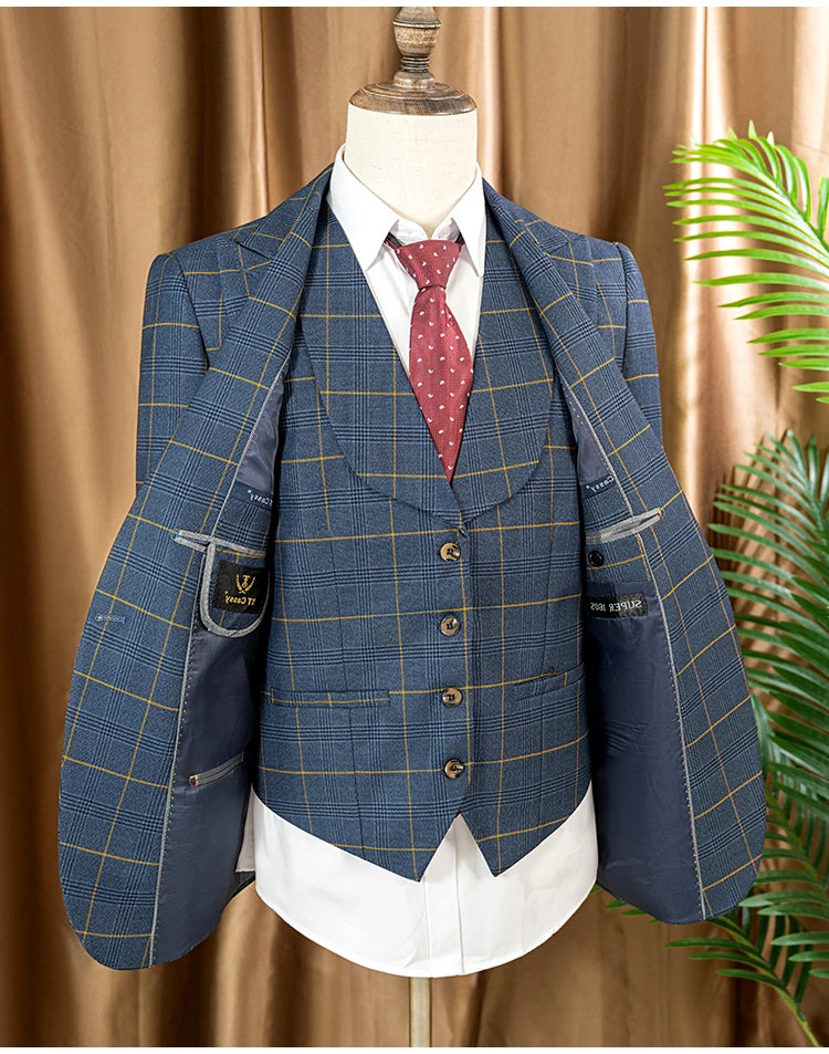 ST Cassy Hochwertiger 3-teiliger karierter Anzug für Herren, stilvolles Business-Büro-Hochzeits-Formelles-Outfit, eleganter Herrenanzug