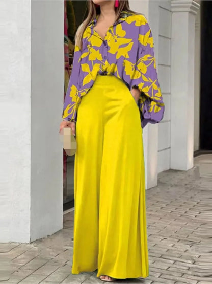 Spring Autumn New Women's Fashion Printed Single Breasted Shirt Solid Color Pants Casual Comfort Two Piece Set