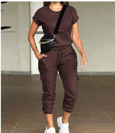 Two Piece Sets for Women Elegant Fashion Solid Round Neck Short Sleeve Top Multi Pocket Work Jogging Pants Suit 2023 Autumn New