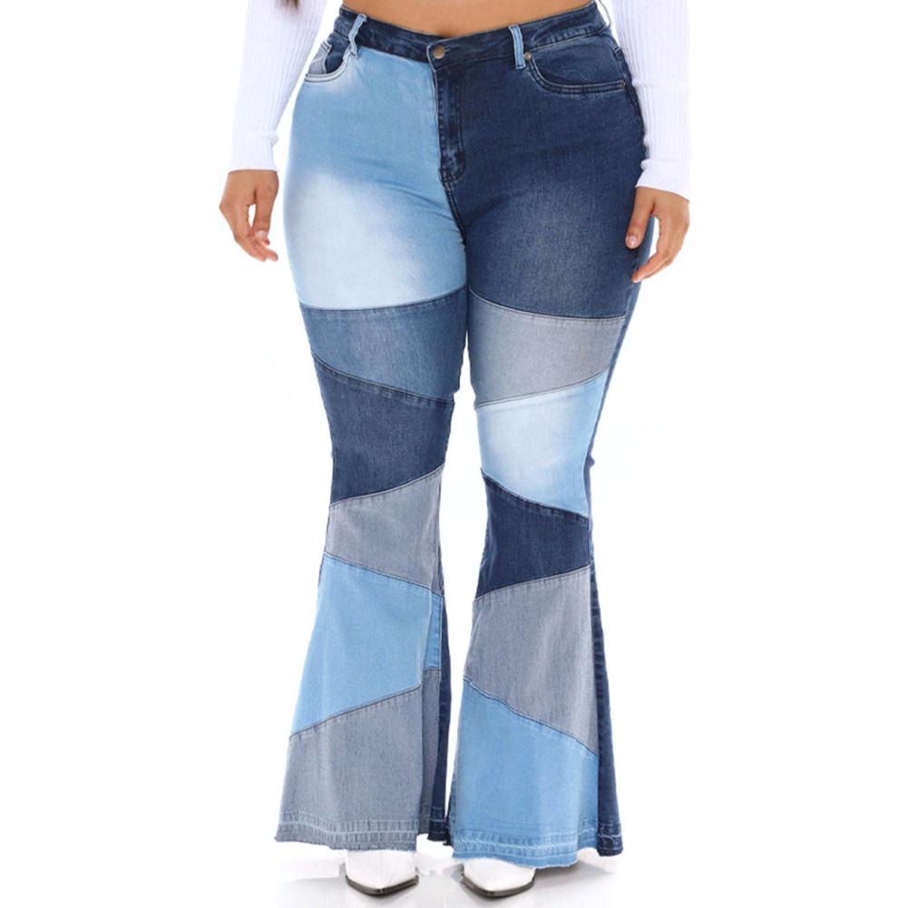 Fashion Women Jeans High Waist Pockets Button Fly  Color Block Wide Leg Denim Pants Streetwear Trousers Women