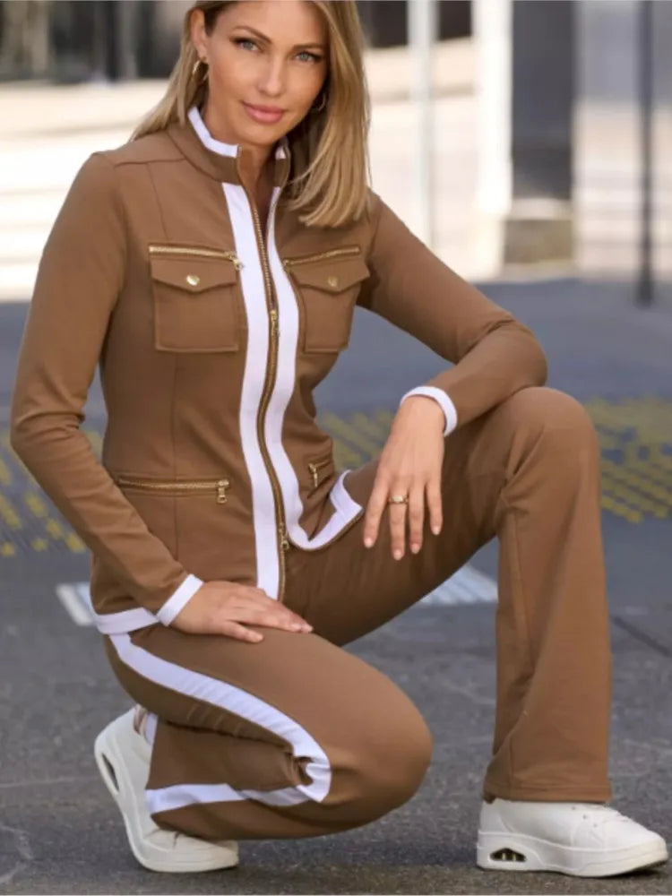 Autumn And Winter New Fashion Solid Color Casual Two Piece Sets Elegant Women Slim Simple Zipper Top Straight Sweatpants Suit