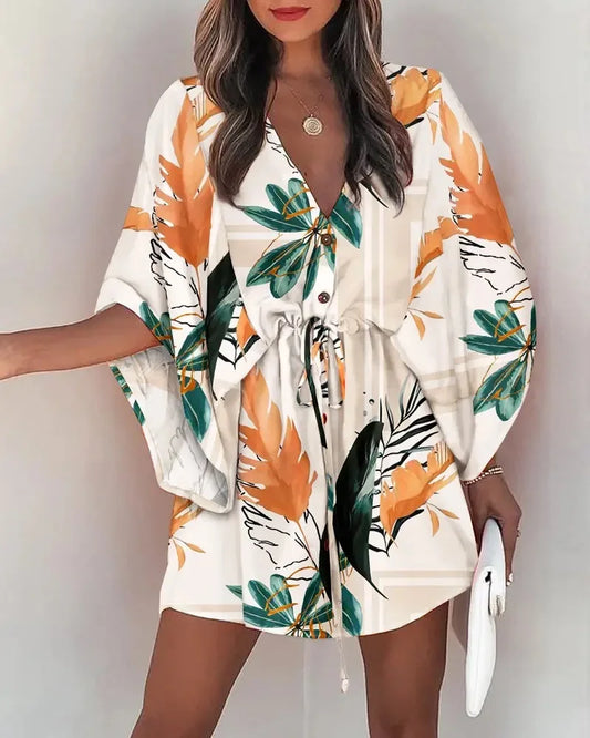 Summer Dress For Women  New Floral Print Bat Half-Sleeve V-Neck Ruffle Irregular Hem Female Dress Casual Boho Women Clothes