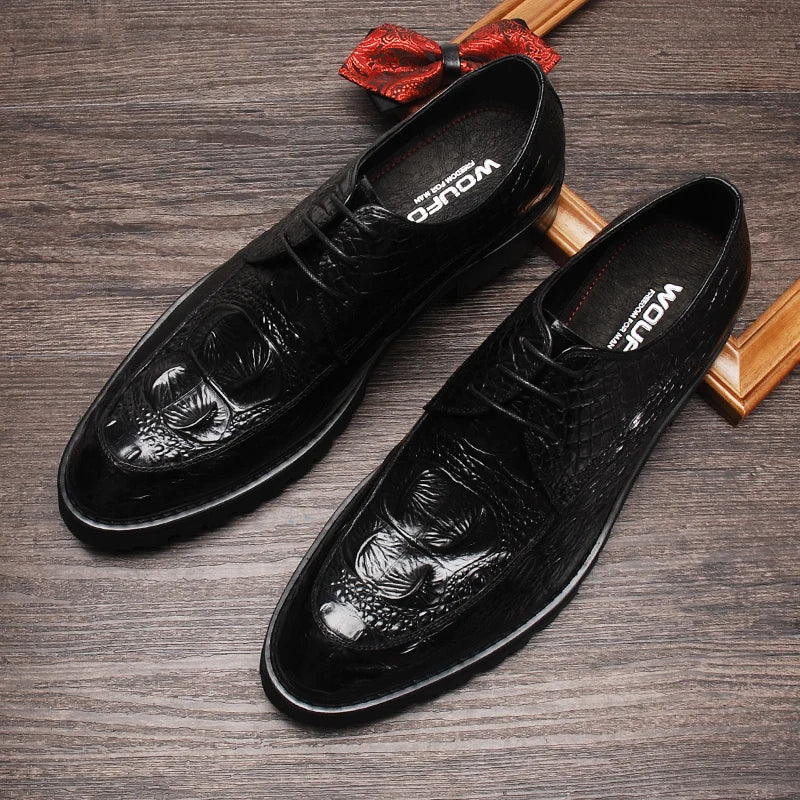 Crocodile Pattern Mens Casual Dress Shoe Luxury Geniune Leather Men's oxford Shoe Black Burgundy Lace Up Formal Wedding Shoe Men