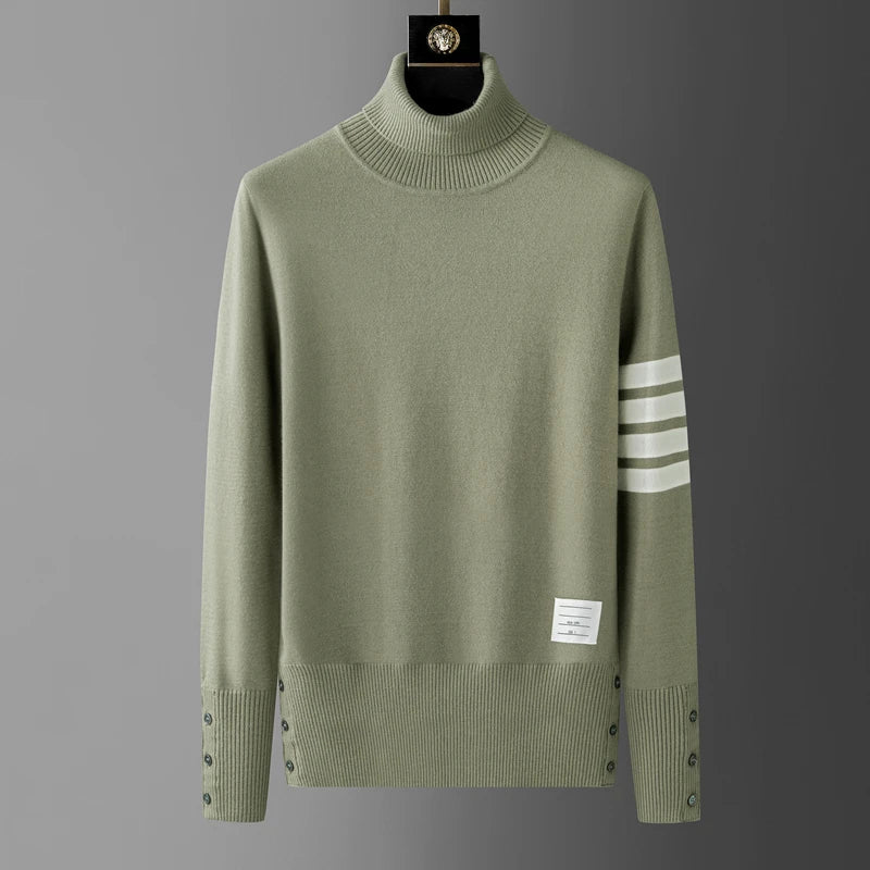 Luxury brand men's high neck sweater autumn and winter new Korean fashion stripe design with split hem high-end casual pullover