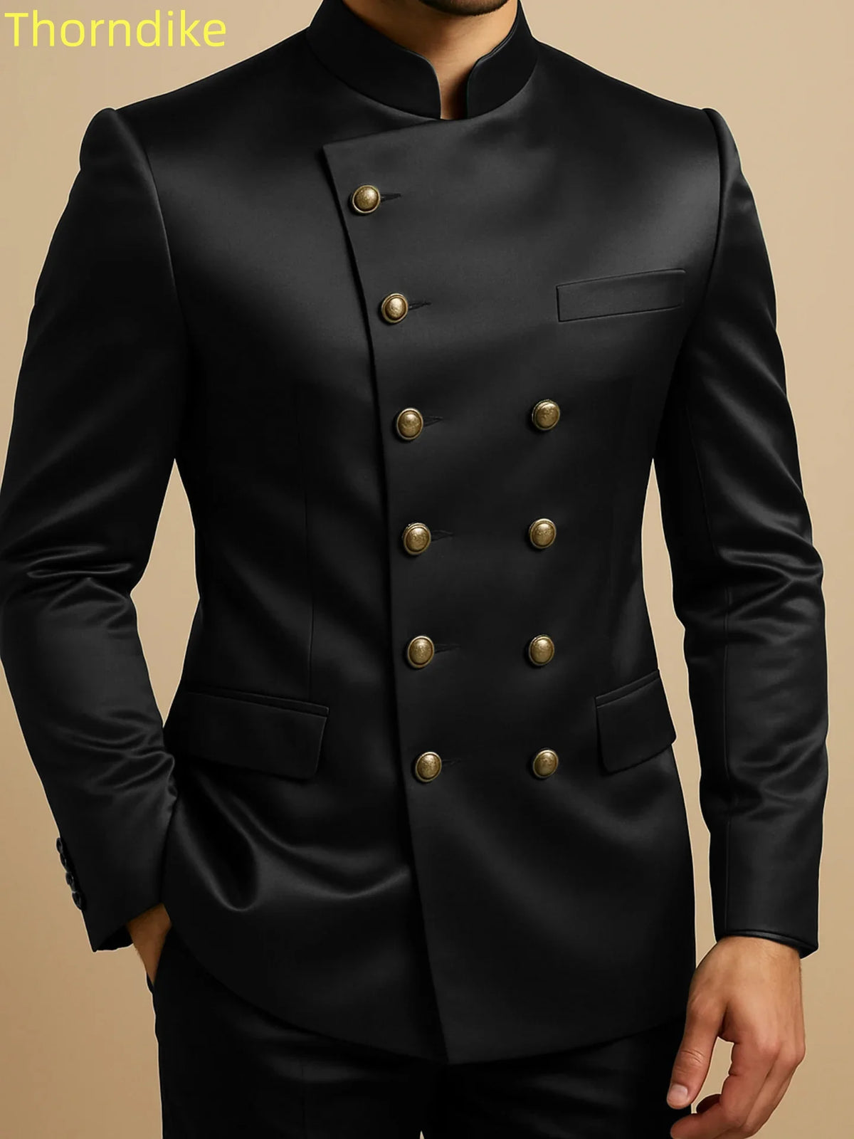 Thorndike Affrica Style Casual Stand Collar Satin Double Breasted Jacket Pants Business Men Suit Elegant Groom Wedding Suits