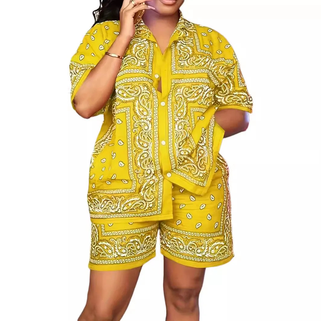2 Pieces Set Sexy Plus Size Summer Fashion Women Set Female Tops Short Sleeve Shirt Tops And Shorts Suit Matching Outfit