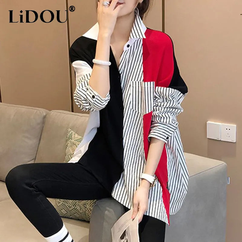 Spring Autumn New Patchwork Y2K Fashion Casual Blouse Women Long Sleeve Loose Stripe Contrast Color Lady Shirt Chic Female Tops