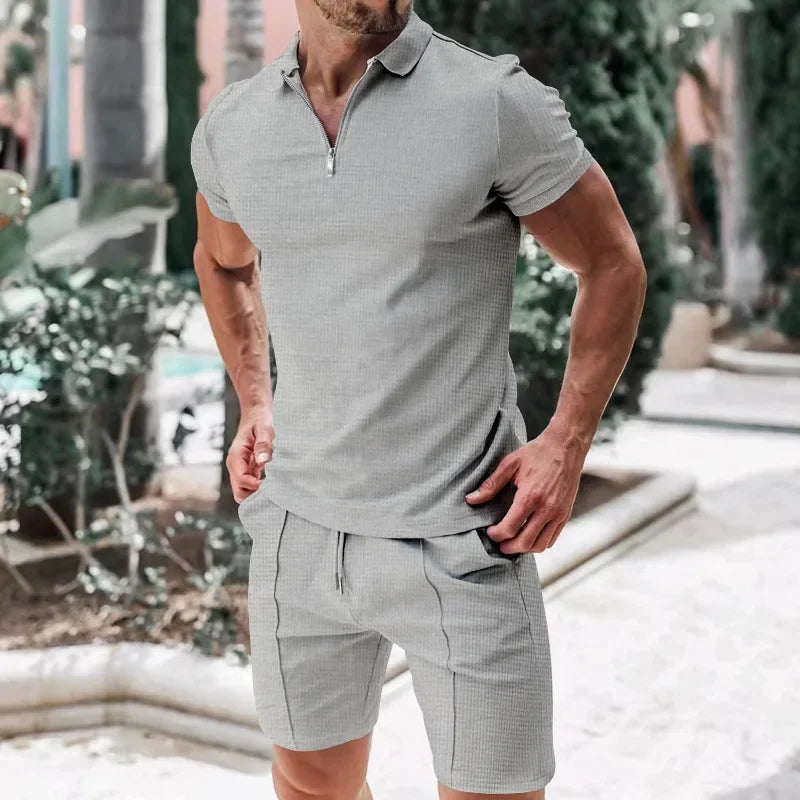 2025 Summer Men's Polo Shirt Set Solid Color Waffle Short Sleeve Slim Fit Collar T-shirt Casual Men's Set