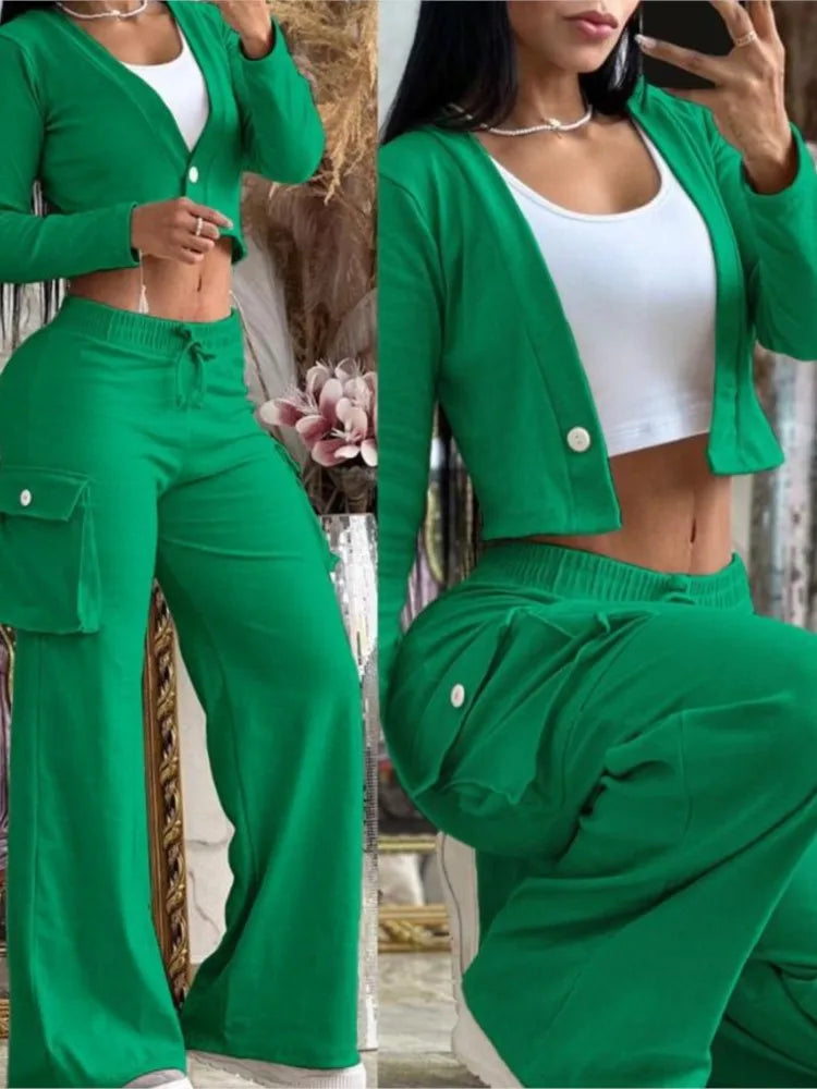 Women's Spring Summer New Fashionable Solid Color Printed Sexy Waist Short Top Casual Pants Set For Women