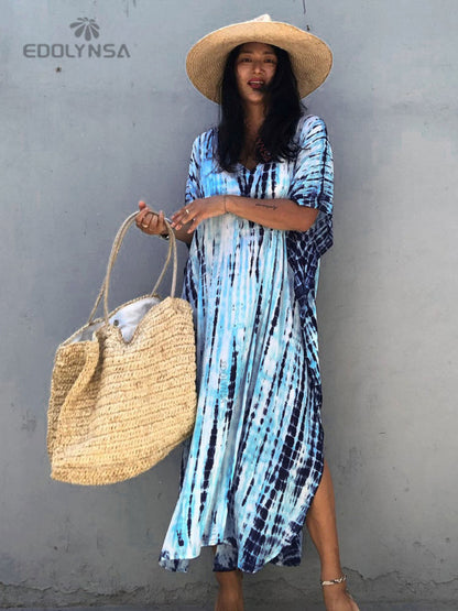 Bohemian Printed V-neck Batwing Sleeve Side Split Loose Dress For Women Clothes Plus Size Beachwear Maxi Dresses Q1218