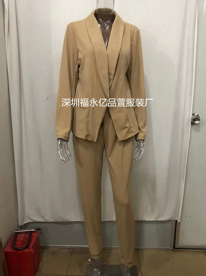 Women's Monochrome Casual Business Suit Temperament Commuting Pants Drawstring Elastic Waist Fashion Slit Suit Two-piece Set