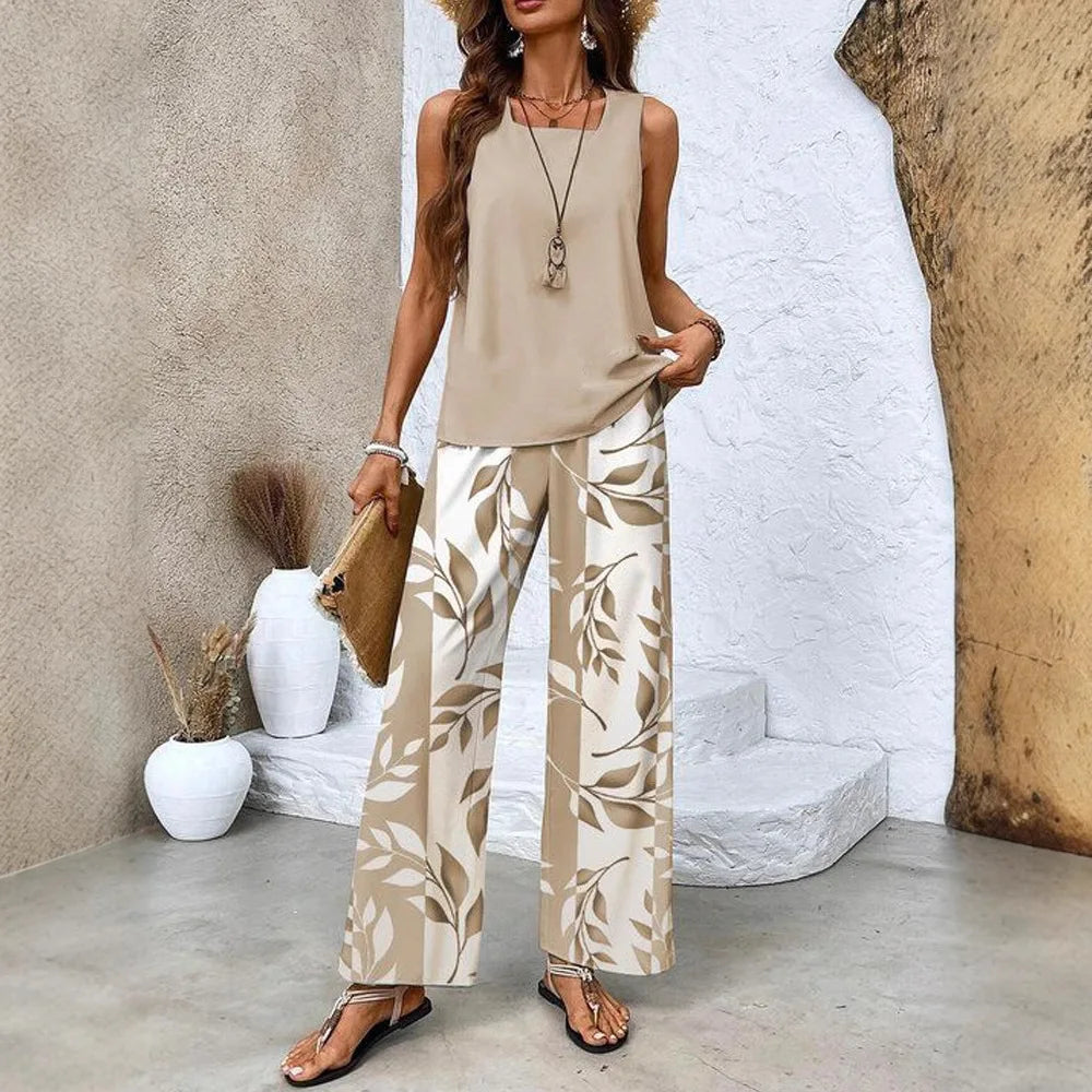 Summer New Women's Flower Stripe Print Two-Piece Set Square Collar Sleeveless Vest Solid Tops & Long Pants Sets Female 2025