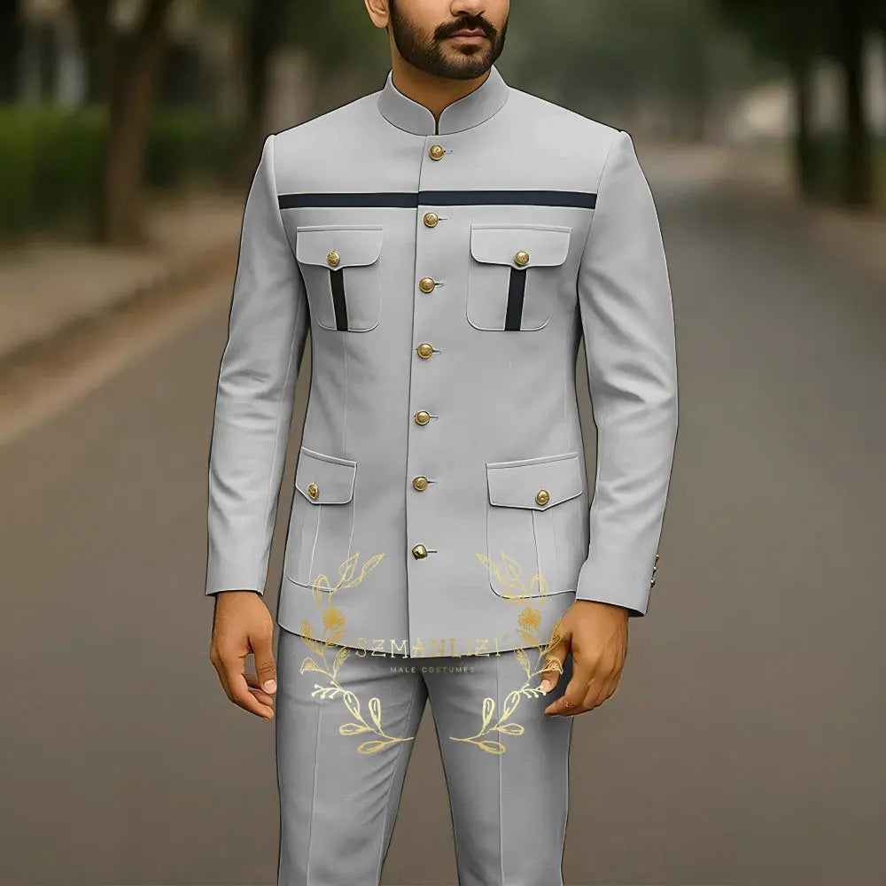 Affrica Style Stand Collar White Single Breasted Jacket Pants Business Men Suit Elegant Groom Wedding Suits Male Party Dress