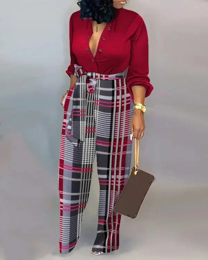 Autumn Casual Women Jumpsuits Print V-Neck High Waist Belt Long Sleeve Elegant Straight Pants Jumpsuit Rompers For Women