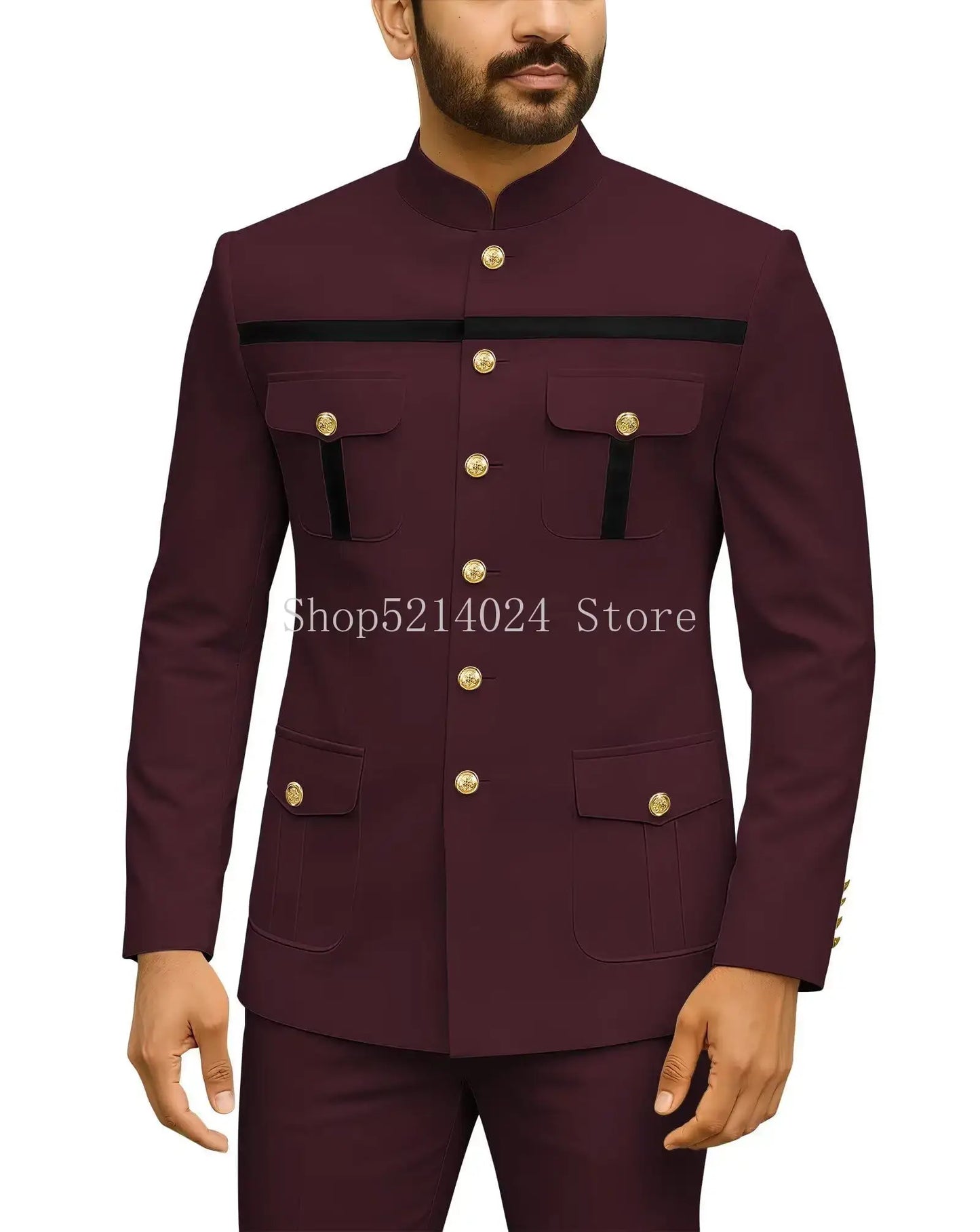 Herren Safari-Anzug 2-teilig Regular Fit Chinakragen Goldknopf Blazer Hose Set Afrikanische Outfits