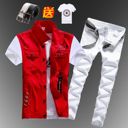 Mens Boys Casual Denim Vest Sleeveless Waistcoat Summer Jeans Pants Trousers Slim Fit Two Piece Set Summer
