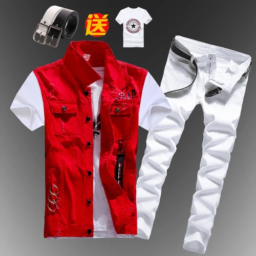 Mens Boys Casual Denim Vest Sleeveless Waistcoat Summer Jeans Pants Trousers Slim Fit Two Piece Set Summer