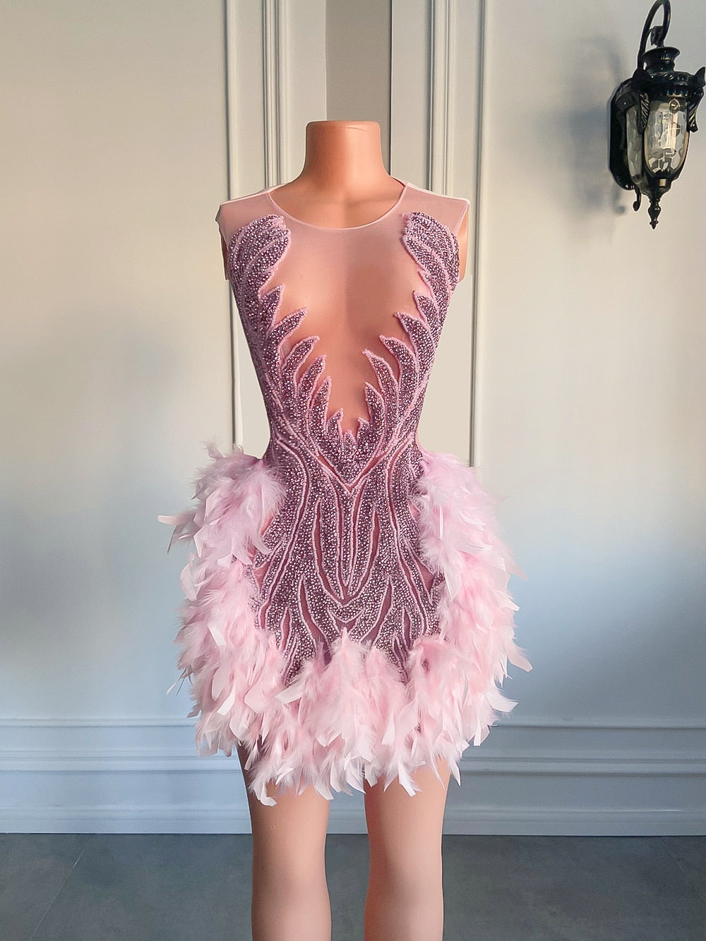 Luxury Sheer Neckline Women Cocktail Dress Pink Feather Black Girl Short Prom Dresses 2023 For Birthday Party