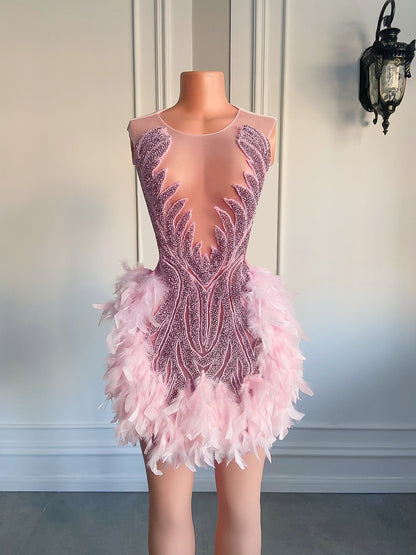 Luxury Sheer Neckline Women Cocktail Dress Pink Feather Black Girl Short Prom Dresses  For Birthday Party