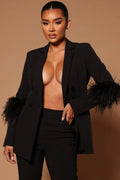 CM.YAYA Vintage Women Fur Hem Long Sleeve Blazer Suit and Pants  Chic OL Fashion Two 2 Piece Set Outfits Basic Tracksuit