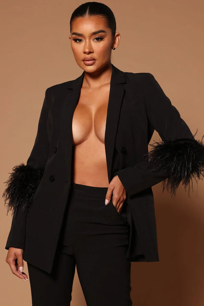 CM.YAYA Vintage Women Fur Hem Long Sleeve Blazer Suit and Pants  Chic OL Fashion Two 2 Piece Set Outfits Basic Tracksuit