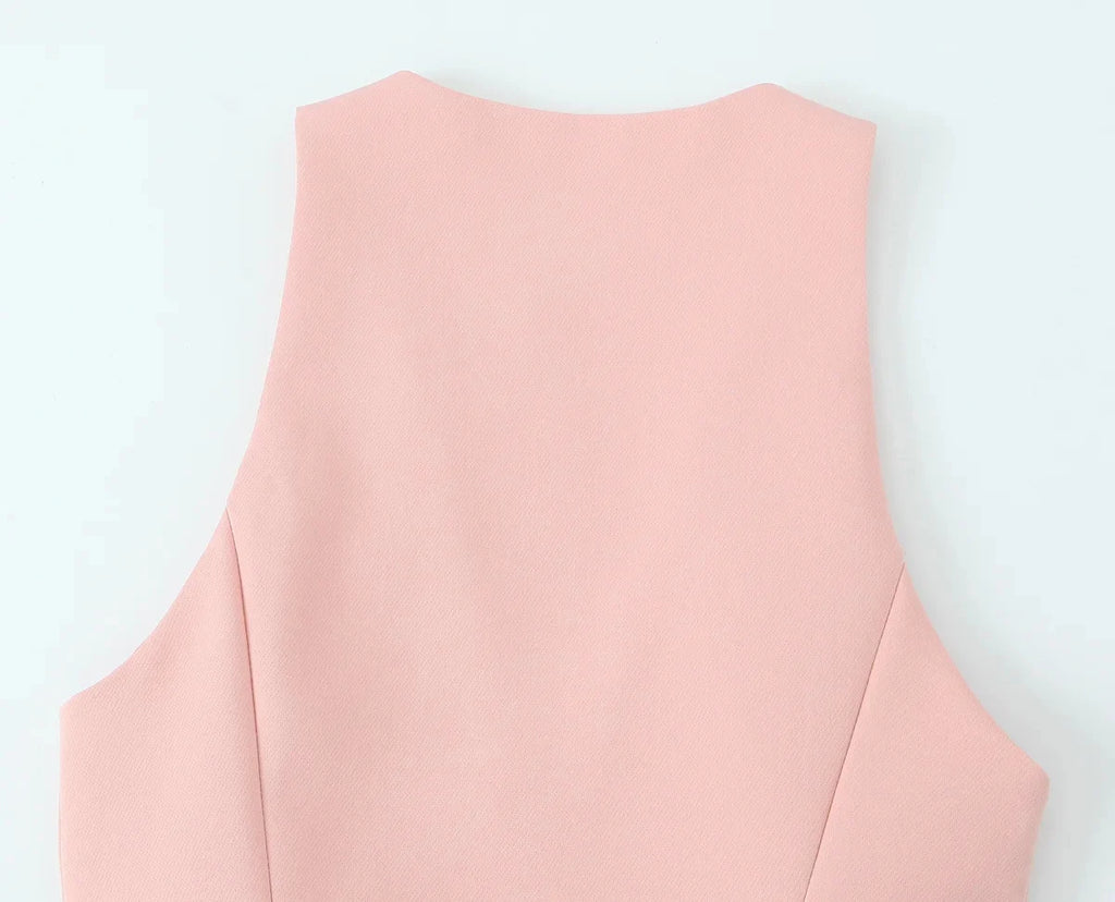 TRAFZA Vintage Chic Solid Women Suit V Neck Sleeveless Sashes Vest Blazer Straight Shorts New Fashion  Summer Office Sets