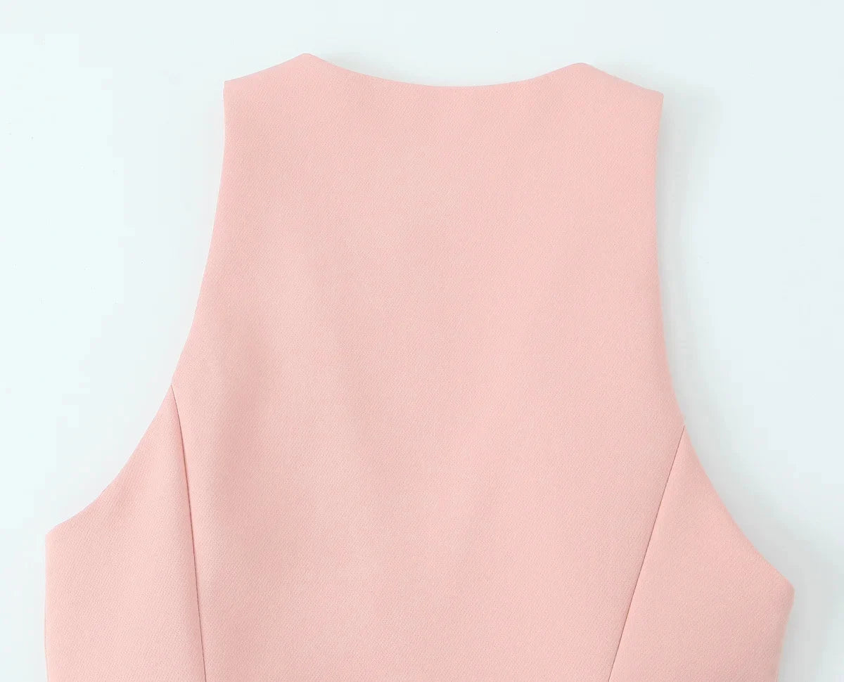 TRAFZA Vintage Chic Solid Women Suit V Neck Sleeveless Sashes Vest Blazer Straight Shorts New Fashion  Summer Office Sets