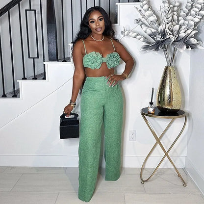 Joskaa Elegant 2 Piece Sets Women Sexy 3D Flower Crop Camisole and Straight Leg Pants Matching  Summer Vacation Streetwear