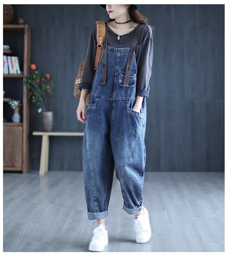 Jumpsuit Women Jeans Rompers New Retro Big Pocket Loose Denim Overalls Fashion Large Size Wide-leg Pants Drop Shipping