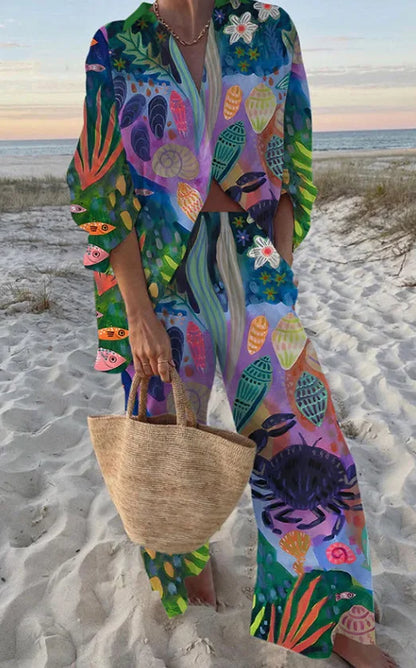 Summer Women New Casual Print Two-piece Set Clothing Seaside Tropical Vacation Style Printed Lapel Shirt + Wide-leg Trousers Set