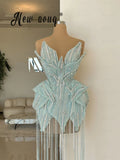 Mint Green Crystal Beading Mini Cocktail Dress Luxury Evening Party Dress Bar Nightclub Stage Performance Tassel Gown Customized