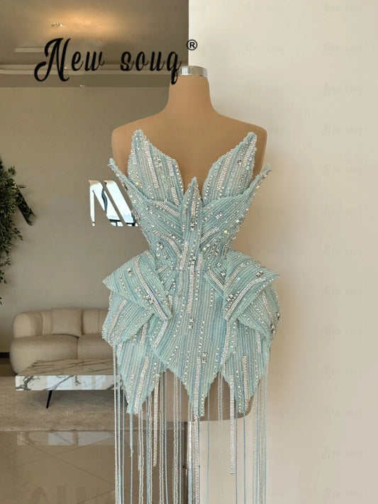 Mint Green Crystal Beading Mini Cocktail Dress Luxury Evening Party Dress Bar Nightclub Stage Performance Tassel Gown Customized