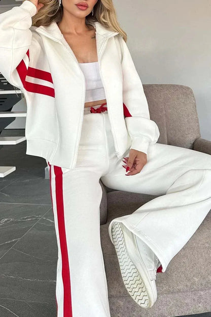 Autumn Winter Women's New Hoodie Suit Y2K Striped Zipper Loose Fit Jacket Outwear And High Waist Side-striped Pants Sports Sets