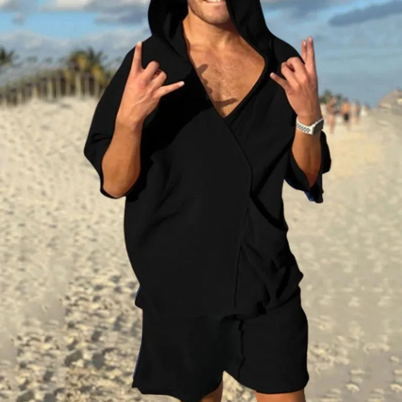 2025 new men's V-neck fashion short-sleeved shorts two-piece summer thin men's hooded beach leisure outdoor suit